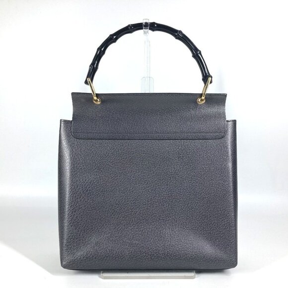 GUCCI 001・1118 vintage Bamboo Tote Bag Flap Hand Bag Leather gray - Picture 2 of 14